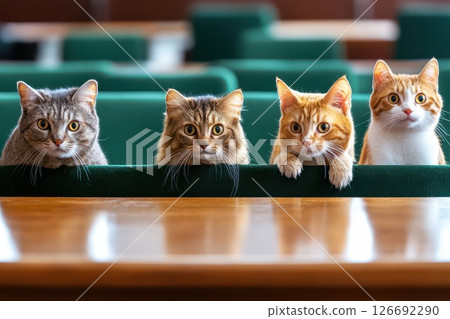 Four cats sitting together in a cozy space 126692290