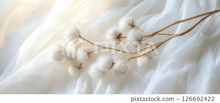 Soft cotton branch resting on white fabric 126692422