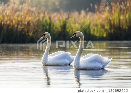 Swans glide on a serene sunset lake 126692423