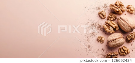 Walnuts placed on a pink background for decoration 126692424