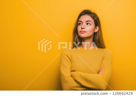 Woman confidently poses by yellow backdrop Woman confidently poses by yellow backdrop 126692429