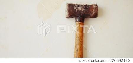 Heavy hammer resting against a plain wall 126692430
