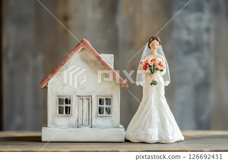 Figurine of bride beside decorative house model 126692431