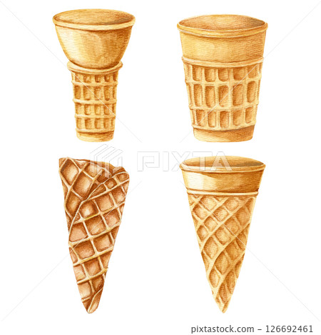 Set of Hand drawn watercolor illustrations of waffle cones for ice cream and deserts.  126692461