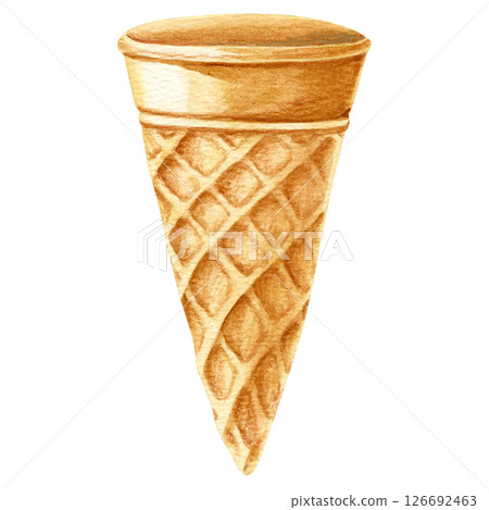 Hand drawn watercolor illustration of waffle cone for ice cream and deserts.  126692463