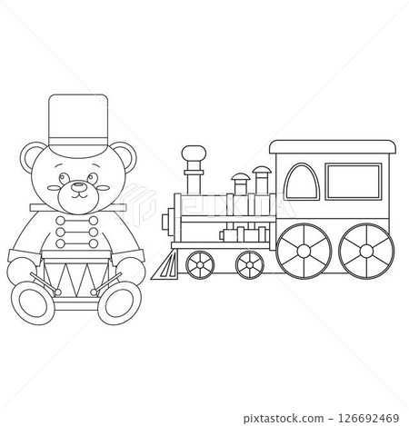 Vector line set with train, teddy Bear with drum 126692469