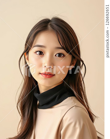 Asian woman with long black hair wearing a plain white t-shirt poses confidently against a soft beige background, showcasing natural beauty and simplicity in portrait photography Asian woman with long black hair wearing a plain white t-shirt poses confidently against a soft beige background, showcasing natural beauty and simplicity in portrait photography 126692651