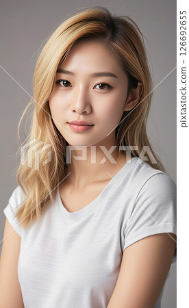 Asian woman with long blond hair wearing a plain white t-shirt poses confidently against a soft beige background, showcasing natural beauty and simplicity in portrait photography Asian woman with long blond hair wearing a plain white t-shirt poses confidently against a soft beige background, showcasing natural beauty and simplicity in portrait photography 126692655