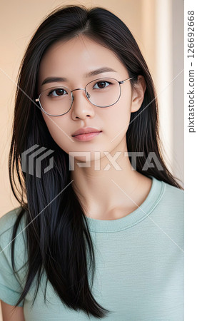 Asian woman with long black hair wearing a plain white t-shirt poses confidently against a soft beige background, showcasing natural beauty and simplicity in portrait photography 126692668
