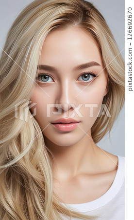 Asian woman with long blond hair wearing a plain white t-shirt poses confidently against a soft beige background, showcasing natural beauty and simplicity in portrait photography Asian woman with long blond hair wearing a plain white t-shirt poses confidently against a soft beige background, showcasing natural beauty and simplicity in portrait photography 126692670
