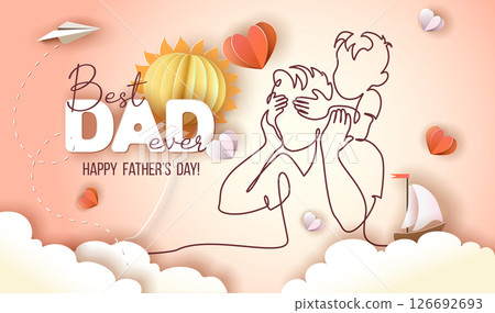 Happy Fathers Day holiday card. Son hug dad from back Happy Fathers Day holiday card. Son hug dad from back 126692693