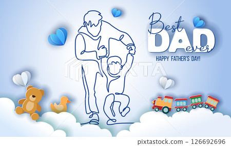 Father teaches his son to walk first step. Fathers day concept. Continuous one line drawing. 126692696
