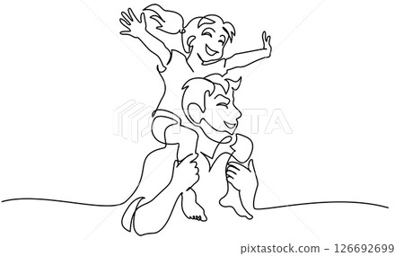 Father dad carries daughter on his shoulders. Hand-drawn picture silhouette. Father dad carries daughter on his shoulders. Hand-drawn picture silhouette. 126692699
