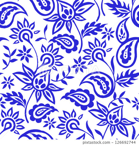 Vector seamless pattern with oriental paisley pattern in blue 126692744