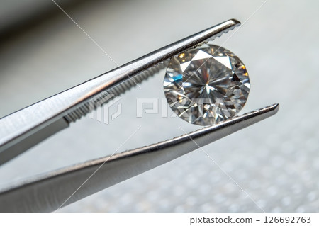 Stunning brilliant-cut diamond held by jewelry tweezers, sparkling reflections, luxury gemstone 126692763