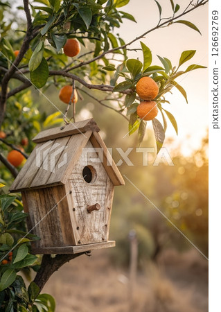 Wooden birdhouse nestled among ripe oranges on a sunlit tree branch, warm golden sunlight, peaceful garden scene, nature home for birds Wooden birdhouse nestled among ripe oranges on a sunlit tree branch, warm golden sunlight, peaceful garden scene, nature home for birds 126692769