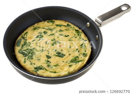 Fresh spinach omelet in frying pan, perfectly cooked with herbs and cheese, isolated on transparent background, healthy breakfast concept, high-protein meal, top view Fresh spinach omelet in frying pan, perfectly cooked with herbs and cheese, isolated on transparent background, healthy breakfast concept, high-protein meal, top view 126692770