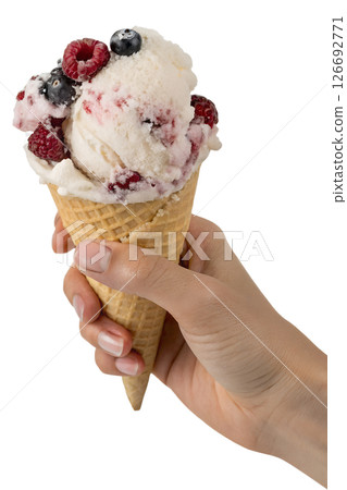 Delicious ice cream cone with fresh berries in hand, isolated on transparent background, summer dessert, food lifestyle, sweet treat Delicious ice cream cone with fresh berries in hand, isolated on transparent background, summer dessert, food lifestyle, sweet treat 126692771
