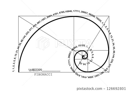 Fibonacci Sequence Spiral. Golden ratio. Geometric shapes Circles in golden proportion. Futuristic minimalist fashion design. Logo. Vector icon isolate on white background Fibonacci Sequence Spiral. Golden ratio. Geometric shapes Circles in golden proportion. Futuristic minimalist fashion design. Logo. Vector icon isolate on white background 126692801
