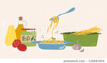Pasta with pesto sauce. Italian food. Preparation of the dish and ingredients for pasta. Pasta with pesto sauce. Italian food. Preparation of the dish and ingredients for pasta. 126692804
