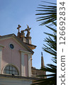 Baroque church facade in pastel pink features decorative crosses and statues with palm leaves partially obscure the view 126692834
