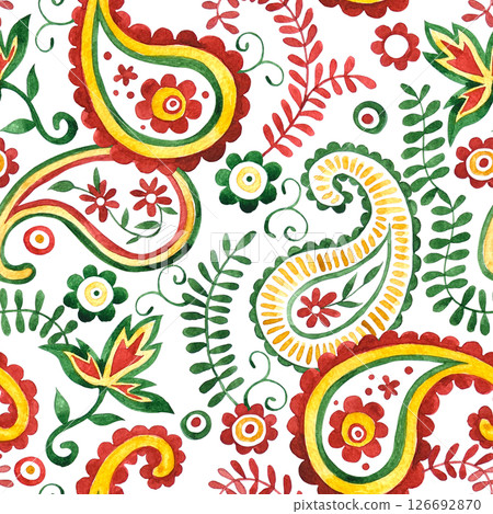 watercolor seamless pattern with oriental paisley in bright red and yellow colors watercolor seamless pattern with oriental paisley in bright red and yellow colors 126692870