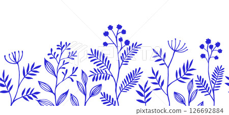 Vector seamless frame with blue abstract branches and flowers. 126692884