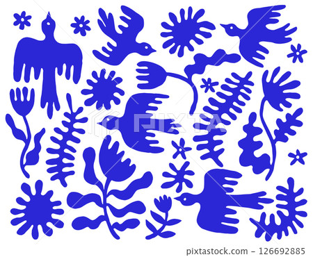 Vector illustration, set of abstract blue flowers, birds and spots. Vector illustration, set of abstract blue flowers, birds and spots. 126692885