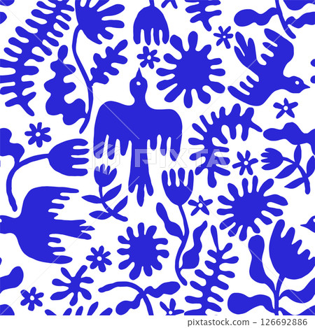 Vector illustration, seamless pattern of abstract flowers and birds, blue spots. 126692886