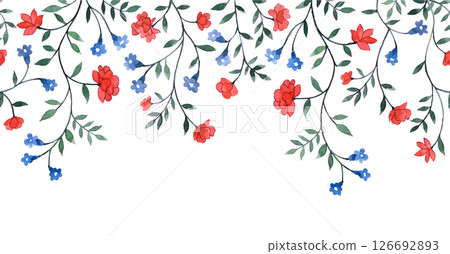 Watercolor seamless border with small wild flowers and branches 126692893
