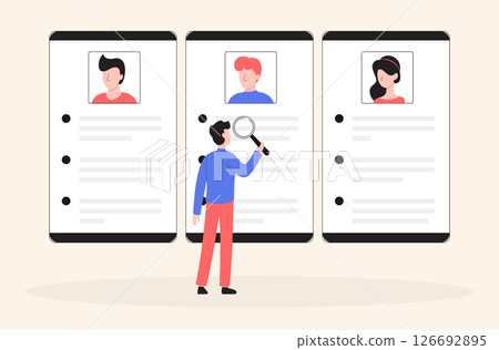 Cartoon Color Character Man and Hr Agency Search Concept Flat Design Style and Line Elements. Vector illustration of Resume 126692895