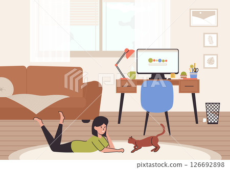 Cartoon Color Character Girl and Cat Workplace Room Interior Inside Concept Flat Design Style. Vector illustration 126692898
