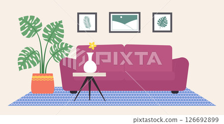Cartoon Color Living Room with Houseplant Potted, Table and Sofa Interior Inside Concept Flat Design Style and Line Elements. Vector illustration Cartoon Color Living Room with Houseplant Potted, Table and Sofa Interior Inside Concept Flat Design Style and Line Elements. Vector illustration 126692899