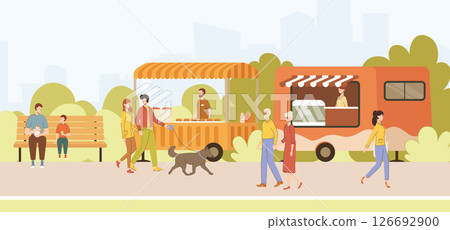 Cartoon Color Characters People and Food Truck Festival in Park Landscape Scene Concept Flat Design Style. Vector illustration Cartoon Color Characters People and Food Truck Festival in Park Landscape Scene Concept Flat Design Style. Vector illustration 126692900
