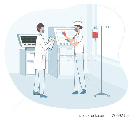 Cartoon Color Characters Doctor and Woman Medical Worker with Bag Infusion on a Stand Clinic Concept Flat Design Style. Vector illustration Cartoon Color Characters Doctor and Woman Medical Worker with Bag Infusion on a Stand Clinic Concept Flat Design Style. Vector illustration 126692904