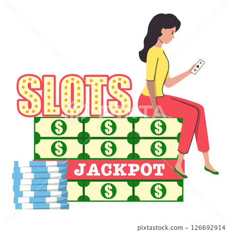 Cartoon Color Character Girl with Chips and Money Stacks Casino Concept Flat Design Style and Line Elements. Vector illustration 126692914
