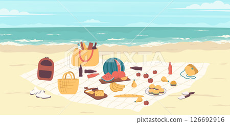 Cartoon Color Picnic Place on a Seashore Concept. Vector illustration 126692916