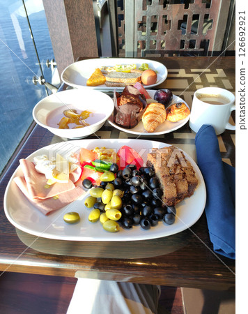 Dining Room Buffet aboard the abstract luxury cruise ship. 126692921