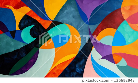 A modern art piece with bold colors and dynamic shapes captivates viewers, pushing contemporary boundaries. 126692942