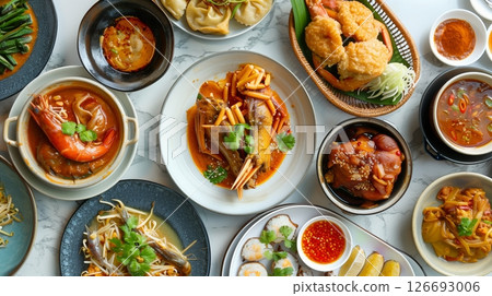 Peranakan cuisine offers delicious, artfully presented dishes blending Chinese and Malay influences. 126693006