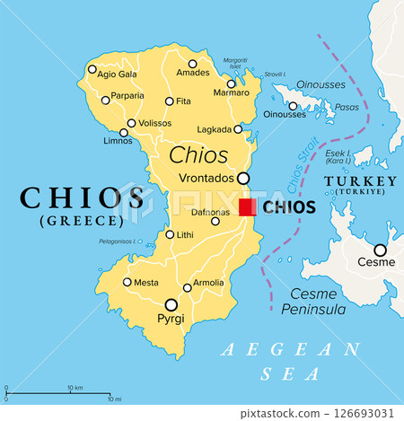Chios, Greek island in the Aegean Sea, political map. Traditionally known as Scio, and part of the North Aegean Islands, separated from Turkey by the Chios Strait, and with the capital town Chios. Chios, Greek island in the Aegean Sea, political map. Traditionally known as Scio, and part of the North Aegean Islands, separated from Turkey by the Chios Strait, and with the capital town Chios. 126693031