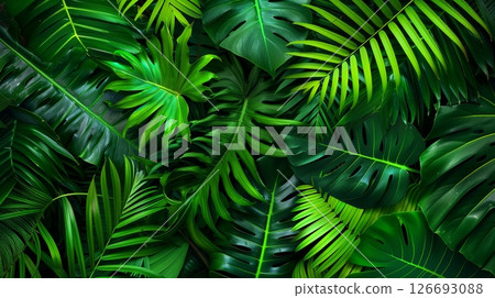 Leaf textures in nature, like ferns and palms, are intricate and diverse, showcasing a variety of patterns. 126693088