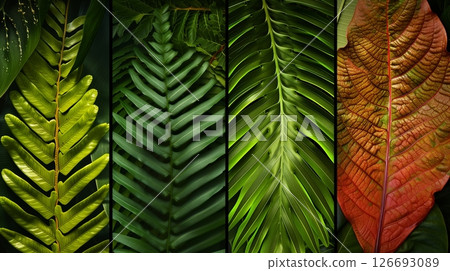 Leaf textures in ferns and palm leaves display intricate patterns and variegated surfaces. 126693089