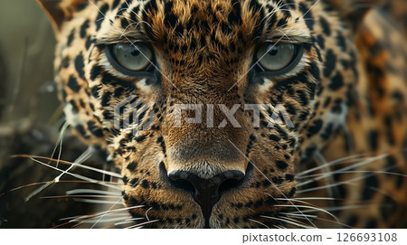 A close-up of a leopard's face shows its piercing eyes, intricate spots, and sharp whiskers. 126693108