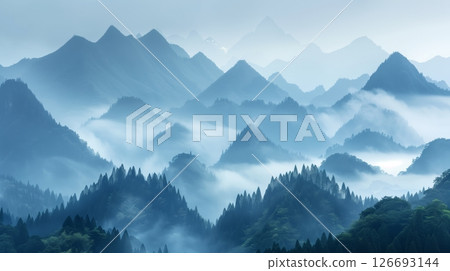 A misty mountain range symbolizing successful financial charts, illustrating economic success and stability. 126693144