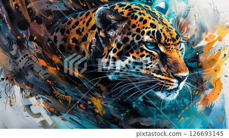 Leopard-themed artwork with bold designs and vibrant colors, capturing the majestic predator stunningly. 126693145