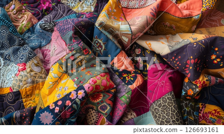 An intricate patchwork quilt, crafted from vibrant fabrics, forming a stunning, cohesive masterpiece. 126693161