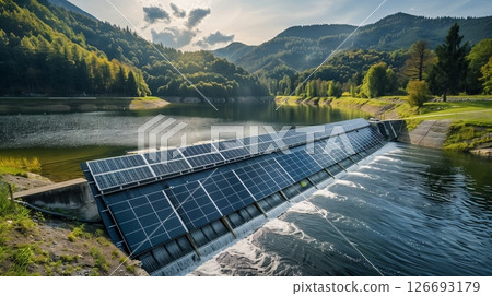 A picturesque dam with solar panels captures water and solar energy, showcasing advanced sustainable power. 126693179
