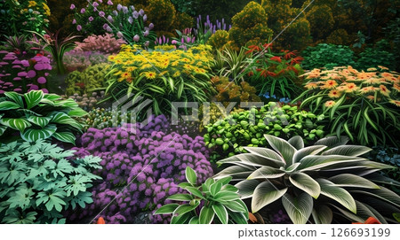 A vibrant garden flourishes with diverse plants and flowers, creating a serene, picturesque environment. 126693199