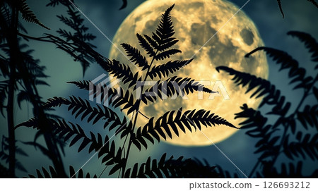 Fern leaves unfurl against a luminous full moon, casting ethereal shadows and adding magic to the night sky. 126693212